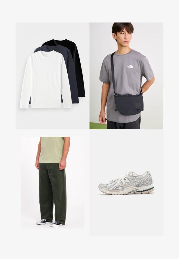 Three long-sleeve T-shirts stacked: one white, one dark navy, and one black. Made of smooth cotton, featuring round necklines and side slits.; Green corduroy wide-leg pants with a soft texture. Worn with a light green shirt and black and white sneakers. Simple, practical design.; Running shoe features a silver and white mesh upper with a green accent. The sole is chunky and textured, designed for cushioning and support.; Black nylon crossbody bag with adjustable strap, featuring a drawstring closure and embossed logo detail. Worn over a gray t-shirt.