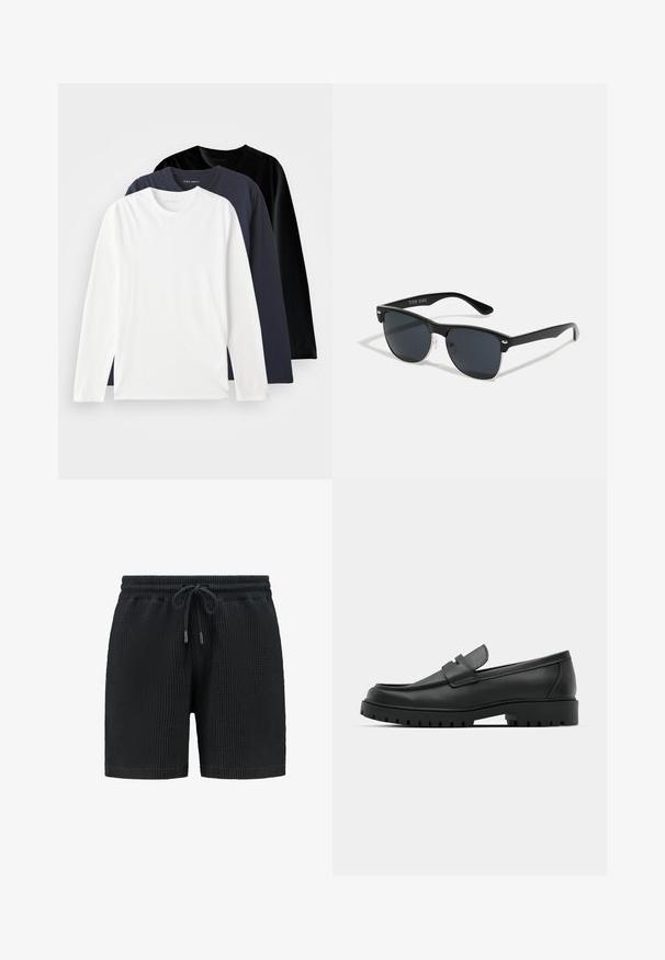 Trys ilgomis rankovėmis marškiniai, sukrauti vienas ant kito: vienas baltas, vienas tamsiai mėlynas ir vienas juodas. Pagaminti iš lygaus medvilnės, turi apvalius kaklus ir šoninius plyšius.; Juodi, tekstūruoti šortai su vaflinio rašto dizainu, elastingu juosmeniu ir raišteliu. Su šoninėmis kišenėmis; lengvas dizainas tinkamas kasdieniams drabužiams.; Juodi odiniai loaferiai su apvalia nosimi, su siuvinėtu dizainu, žemu platformos padu ir tekstūruotu, sukibimo raštu padu.; Juodos saulės akinių su stačiakampiu rėmeliu, tamsiais lęšiais, sidabrinėmis detalėmis šventrajose ir matinio paviršiaus rėmeliu.