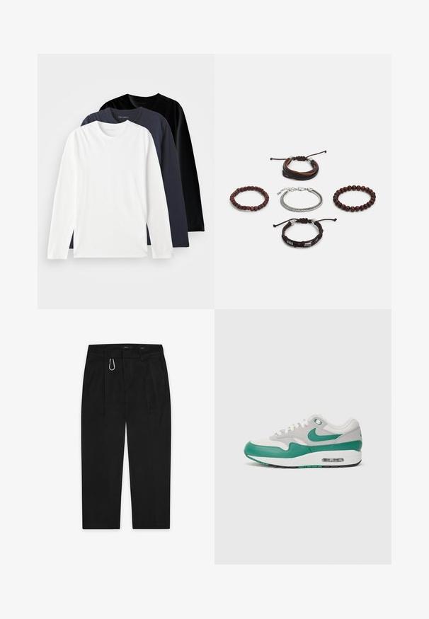 Drei langärmelige T-Shirts gestapelt: eines in Weiß, eines in Dunkelblau und eines in Schwarz. Aus glattem Baumwollstoff gefertigt, mit runden Ausschnitten und seitlichen Schlitzen.; Schwarze Hose mit geradem Bein-Design, ausgestattet mit einem silbernen Karabinerclip und zwei Seitentaschen. Hergestellt aus glattem Stoff.; Nike Air Max 1 Sneakers mit einem grauen Mesh-Obermaterial, grünen Lederakzenten, weißen Schnürsenkeln und einer sichtbaren Luftpolsterung in der Sohle.; Set aus fünf Armbändern mit braunem Leder, Holzperlen und einer Silberkette; unterschiedliche Texturen und Formen, mit verstellbaren Verschlüssen.
