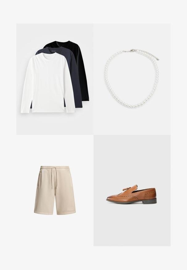 Trīs ar garām piedurknēm T-krekli, salikti vienā vietā: viens balts, viens tumši zils un viens melns. Izgatavoti no gludas kokvilnas, ar apaļiem kakla izgriezumiem un sānu slēgumiem.; Beige šorti, kas izgatavoti no kokvilnas un poliestera maisījuma, ar gumiju viduklī un aukliņu, divām sānu kabatām un nelielu logotipa uzplātni malā.; Brūnas ādas kurpes ar perforētu apdari, teksturētām malām, plakanu zoli un dekoratīvu loku augšdaļā. Klasisks dizains ar gludu apdari.; Baltas pērļu kaklarota ar vienmērīgu apaļu formu, gludu virsmu un metāla aizdari ar pagarinājuma ķēdi regulējamai garumam.