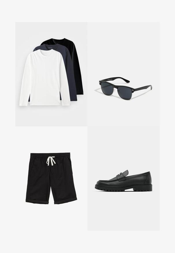 Drei langärmelige T-Shirts gestapelt: eines in Weiß, eines in Dunkelblau und eines in Schwarz. Aus glattem Baumwollstoff gefertigt, mit runden Ausschnitten und seitlichen Schlitzen.; Schwarze Shorts mit einem elastischen Bund, weißem Kordelzug, Seitentaschen und umgeschlagenen Säumen, aus einem leichten, glatten Material.; Schwarze Lederloafer mit runder Zehenform, ausgestattet mit einem gesteppten Design, niedrigem Plattformsohle und einer strukturierten, genoppten Gummisohle.; Schwarze Sonnenbrille mit rechteckiger Form, dunklen Gläsern, silbernen Akzenten an den Bügeln und mattierter Oberfläche des Rahmens.