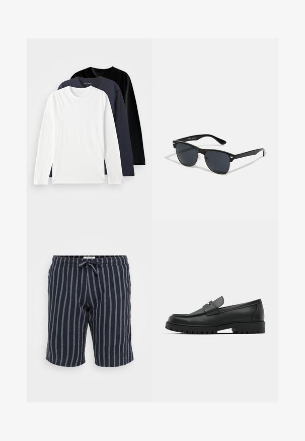 Drei langärmelige T-Shirts gestapelt: eines in Weiß, eines in Dunkelblau und eines in Schwarz. Aus glattem Baumwollstoff gefertigt, mit runden Ausschnitten und seitlichen Schlitzen.; Gestreifte marineblaue Shorts aus leichtem Material, mit einem elastischen Bund und einem Kordelzug sowie vertikalen hellblauen Streifen.; Schwarze Lederloafer mit runder Zehenform, ausgestattet mit einem gesteppten Design, niedrigem Plattformsohle und einer strukturierten, genoppten Gummisohle.; Schwarze Sonnenbrille mit rechteckiger Form, dunklen Gläsern, silbernen Akzenten an den Bügeln und mattierter Oberfläche des Rahmens.