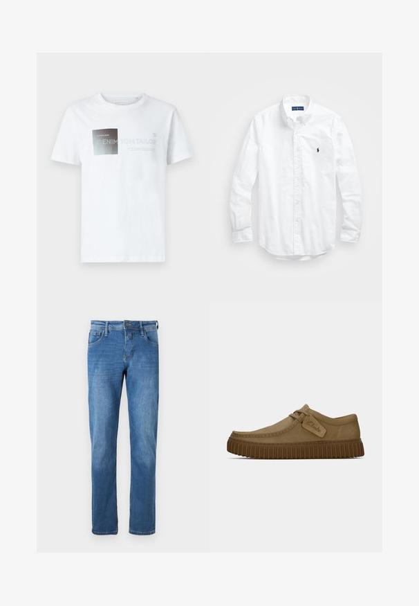 Λευκό κοντομάνικο μπλουζάκι από βαμβάκι με μαύρο και γκρι γραφικό σχέδιο που περιλαμβάνει κείμενο. Στρογγυλή λαιμόκοψη, χαλαρός σφιχτικός σχεδιασμός, απαλή υφή.; Λευκό πουκάμισο μακριά μανίκια με κουμπιά από βαμβάκι. Διαθέτει κλασικό γιακά, κουμπιά στα μανίκια και μικρό ναυτικό κεντημένο λογότυπο στο στήθος.; Δερμάτινα τζιν σε μεσαίο μπλε χρώμα με κανονική γραμμή. Διαθέτει πέντε τσέπες, κλείσιμο με κουμπί και ορατές ραφές κατά μήκος των ραφών.; Ανοιχτό καφέ σουέτ παπούτσια με στρογγυλή μύτη, ραφές και λάστιχο καφέ με ραβδώσεις. Διαθέτει ετικέτα στο πλάι με το λογότυπο "Clarks".