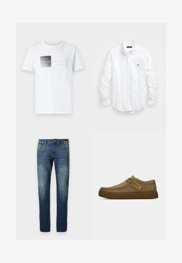 Camiseta de algodón blanca de manga corta con un diseño gráfico en negro y gris con texto. Cuello redondo, ajuste relajado, textura suave.; Camisa blanca de manga larga de algodón con botones. Presenta un cuello clásico, puños con botones y un pequeño logo bordado en azul marino en el pecho.; Jeans de mezclilla azul con un corte recto, frente deslavado, costuras en contraste, cinco bolsillos y cierre de botón.; Zapatos de ante marrón claro con puntera redondeada, detalles de costura y una suela de goma marrón acanalada. Presentan una etiqueta lateral con el logotipo de "Clarks".