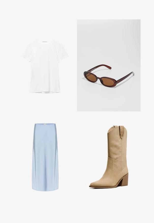 Vit kortärmad t-shirt i mjukt tyg, med rund halsringning och diskreta sömnadsdetaljer vid fållen.; Siden midi-kjol i ljusblått, med en slät, glansig yta, rak silhuett och en subtil glans. nederkanten faller precis under knäet.; Bershka HIGH-HEEL - Cowboy- / Bikerboots - beige; Runda, bruntonade solglasögon med en glansig bordeauxfärgad ram. Smala bågar med subtilt varumärkesdetalj. Platt linsdesign.; Mörkbrun läderhandväska med en slät yta, med en strukturerad form, guldfärgad hårdvara och dubbla handtag med kedjad detalj.