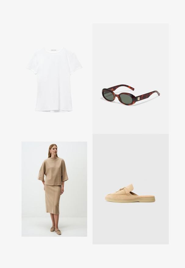 T-shirt blanc à manches courtes en tissu lisse, avec un col rond et de subtils détails de couture à l'ourlet.; Top en maille beige avec de larges manches et un col haut, associé à une jupe jusqu'aux genoux fabriquée dans le même matériau, les deux présentent une texture lisse.; Chaussure slip-on en suede beige avec un bout arrondi, des coutures décoratives et un accent en métal doré. Semelle plate et doublure intérieure douce.; Lunettes de soleil en écaille de tortue avec verres foncés, en forme ovale et avec des branches larges. Présente un petit accent doré sur le côté. Matériau en plastique lisse.