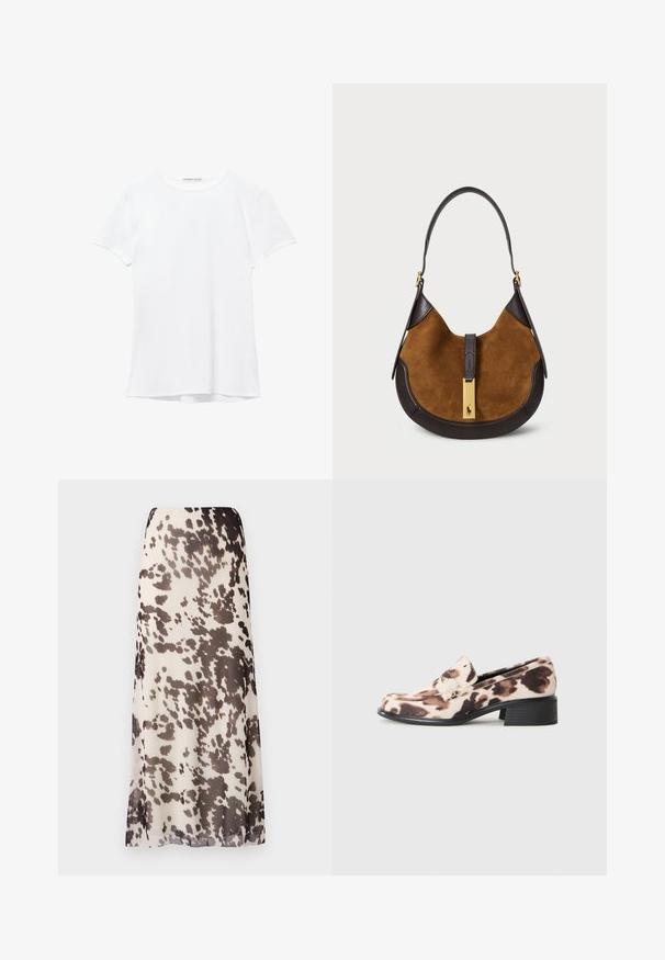 Hvid kortærmet t-shirt lavet af glat stof, med rund halsudskæring og diskrete syninger ved kanten.; Maxi-nederdel lavet af letvægts, gennemsigtigt stof med en beige bund, der har mørkebrune abstrakte pletter og en lige silhuet.; Lavhælede loafers med sort stablet hæl, beige og brun dyreprint stofoverdel samt dekorativ rem over forfoden.; Brun ruskinds skuldertaske med mørke læderdetaljer, buet form, flad håndtag og en guldfarvet beslag med logo detalje foran.