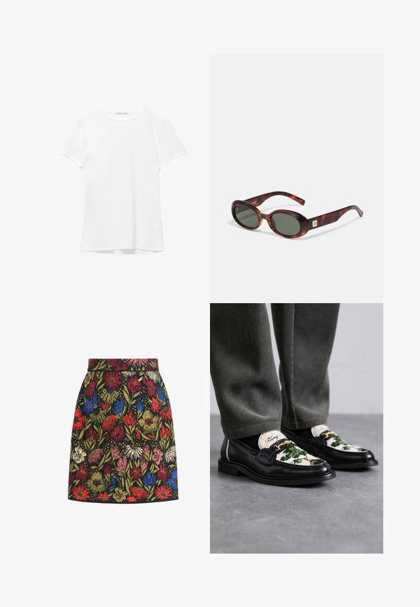 Bela kratka majica s kratkimi rokavi iz gladkega materiala, ki ima okroglo ovratnico in subtilne šive na robu.; Krilo s cvetličnim vzorcem, ki ima črn ozadje in pisane cvetove v rdeči, modri, roza in zeleni barvi, s prilagojenim pasom in obliko A.; Črne usnjene mokasine z dekorativnim zgornjim delom iz zelene in bele tekstilne tkanine. Ponuja zlat naglas v obliki verige in teksturiran črn podplat.; Svetlo-rjava sončna očala v obliki ovala z temnimi lečami in širokimi ročaji. Imajo majhen zlat detajl na strani. Gladek plastičen material.