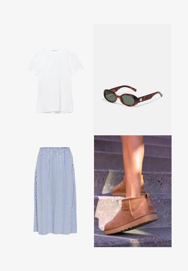 Cămașă albă cu mânecă scurtă dintr-un material neted, cu guler rotund și detalii discrete de cusătură la tiv.; Fustă midi lejeră, realizată dintr-un material ușor, cu dungi verticale albastre și albe, având o talie elastică și un design fluid.; Botine bej din suede cu o textură moale, detalii cusute și o talpă din cauciuc, având un călcâi cu buclă pentru o utilizare ușoară.; Ochelari de soare cu model țestoasă, cu lentile întunecate, formă ovală și brațe late. Prezintă un mic accent auriu pe lateral. Material din plastic neted.; Geantă albă cu o siluetă curbată, din piele texturată, cu accesorii din aur și o curea detașabilă care prezintă un detaliu cu logo și închizătoare.