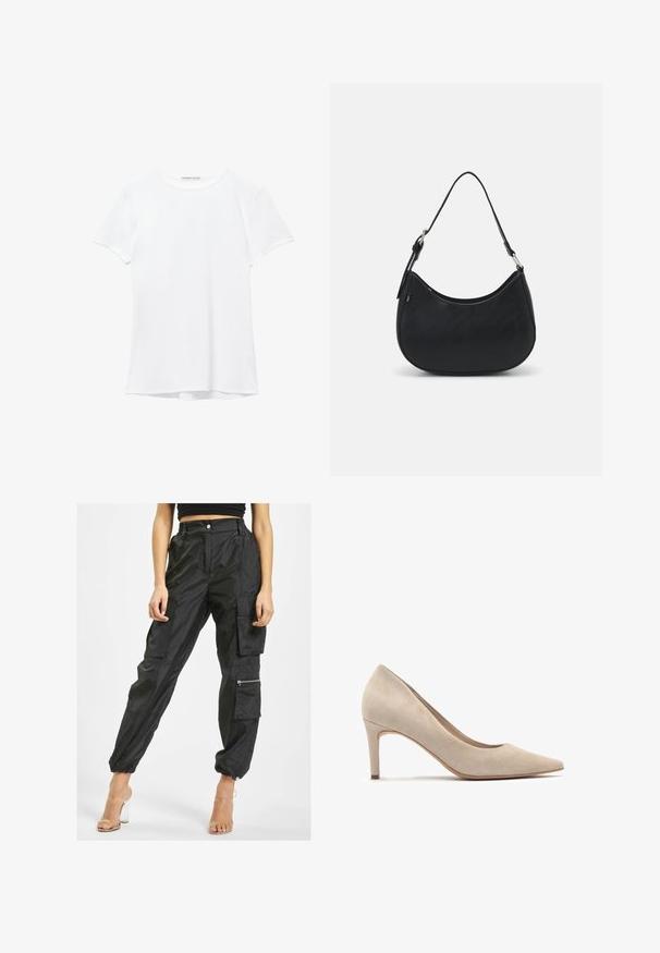 Fehér, rövid ujjú póló sima anyagból, kerek nyakkivágással és diszkrét varrási részletekkel az alján.; Fekete cargo nadrág, könnyű anyagból készült, több zsebbel, rugalmas mandzsettával és egy oldalsó cipzáras zsebbel a fokozott funkcionalitás érdekében.; Beige velúr magassarkú cipő hegyes orral és 7 cm-es sarokkal. Simaság, minimalista dizájn és zökkenőmentes sziluett jellemzi.; Fekete hobo táska sima bőrből készült, ívelt sziluettel, egyetlen állítható pánttal és minimalista dizájn részletekkel.