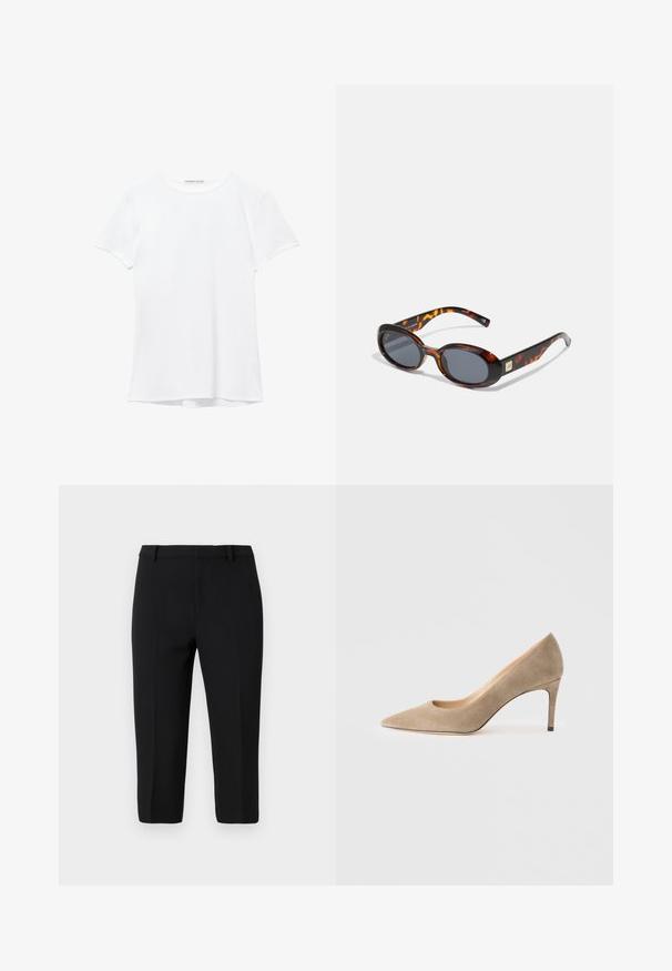 White short-sleeve t-shirt made from smooth fabric, featuring a round neckline and subtle stitching details at the hem.; Black tailored trousers made from lightweight material, featuring a smooth texture, straight cut, and front creases for a polished look.; Beige suede high-heeled pump with a pointed toe, slight cutaway design, slender heel, and smooth texture. Minimalist style.; Brown tortoiseshell sunglasses with oval lenses and dark grey tint. Features a gold-tone accent on the temples. Smooth plastic texture.