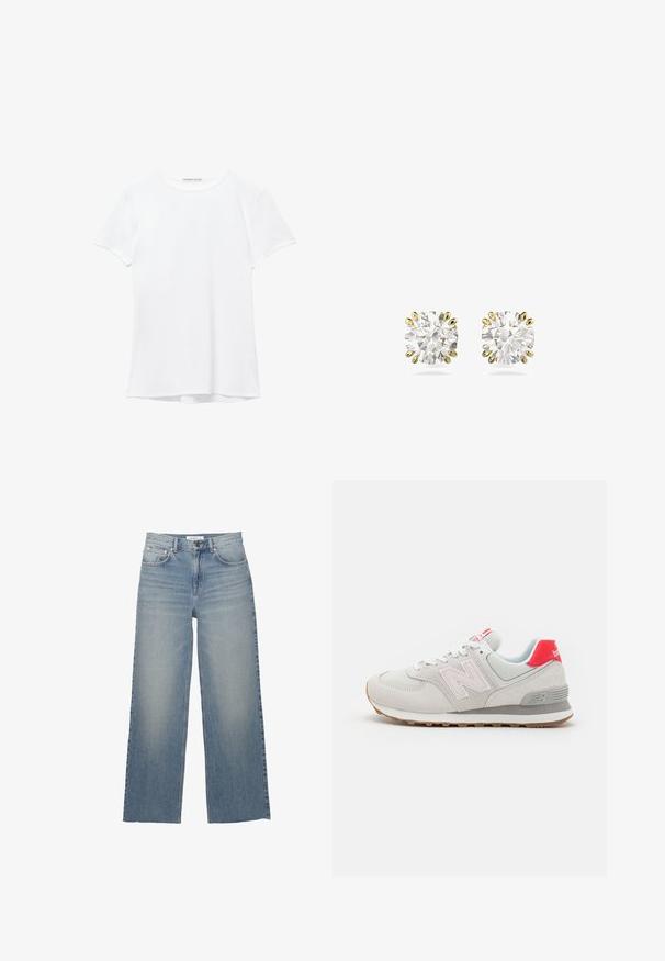 Witte short-sleeve t-shirt van gladde stof, met een ronde halslijn en subtiele stiksels bij de zoom.; Lichtblauwe wijdleg jeans van denim, met een hoge taille, voorzakken en een knoopsluiting. Soepele textuur met vervaagde gebieden.; Lichtgrijze suède sneaker met gaasaccenten, roze logo en rode hielafwerking. Heeft een witte tussenzool en een gumrubberen buitenzool voor grip.; Diamant oorstekers met ronde stenen, gezet in zes-voudige gele gouden zettingen, met een transparante, sprankelende oppervlakte.