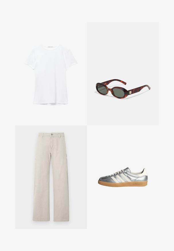Biały krótki rękaw t-shirt wykonany z gładkiego materiału, z okrągłym dekoltem i subtelnymi detalami szycia na dole.; Beżowe spodnie cargo o prostym, szerokim kroju, z kieszeniami bocznymi i zapięciem na guzik, wykonane z wytrzymałej bawełny.; Srebrne sneakersy z białymi akcentami, z trzema paskami, zaokrąglonym noskiem i gumową podeszwą. Teksturowany metaliczny materiał.; Okulary przeciwsłoneczne w kolorze skorupy żółwia z ciemnymi soczewkami, o owalnym kształcie i szerokich zausznikach. Zawierają mały złoty akcent po bokach. Wykonane z gładkiego tworzywa sztucznego.