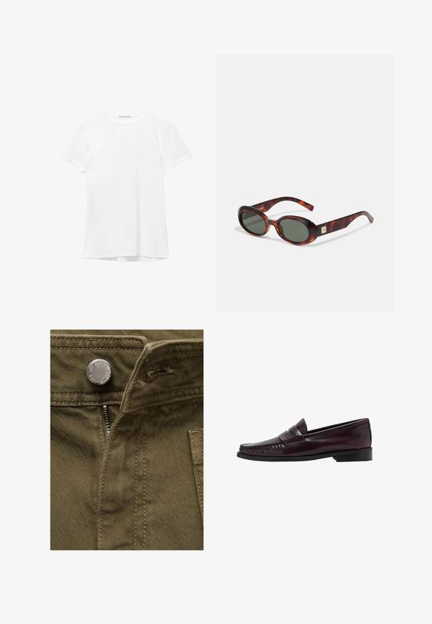 Witte short-sleeve t-shirt van gladde stof, met een ronde halslijn en subtiele stiksels bij de zoom.; Olijfgroen katoenen stof met een zichtbare rits en metalen knoopdetail; heeft stiksels en een zijzak.; Donkerbruine leren penny loafer voor mannen met een zwarte zool en stiksels langs de neus, weergegeven in zijprofiel.; Schildpadbril met donkere lenzen, ovale vorm en brede armen. Voorzien van een kleine gouden accent aan de zijkant. Glad plastic materiaal.; Witte handtas met een gebogen silhouet, textuurleer, gouden hardware en een afneembare schouderriem met een logo en gespdetail.