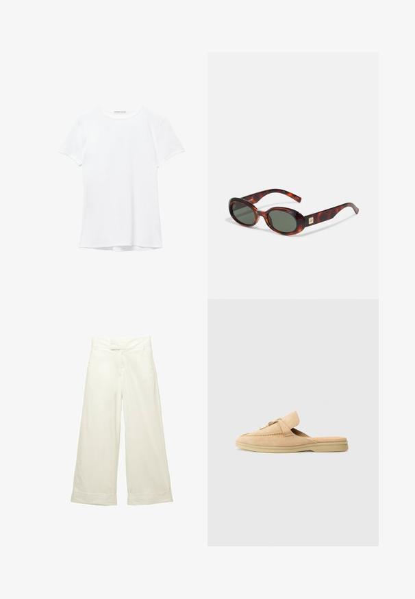 White short-sleeve t-shirt made from smooth fabric, featuring a round neckline and subtle stitching details at the hem.; Wide-leg trousers in soft, cream fabric. Features a flat front waistband and rolled cuffs. Smooth texture with a clean, minimalist design.; Beige suede slip-on shoe with a rounded toe, decorative stitching, and a gold-toned hardware accent. Flat sole and soft interior lining.; Tortoise-shell sunglasses with dark lenses, oval shape, and wide arms. Features a small gold accent on the side. Smooth plastic material.