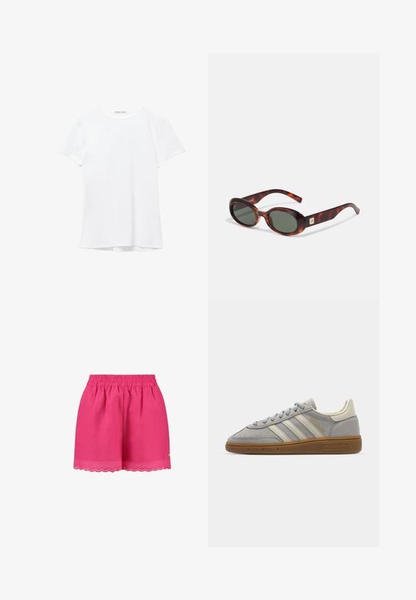 Bílý krátký rukáv tričko vyrobené z hladkého materiálu, s kulatým výstřihem a jemnými švy na lemu.; Růžové lněné šortky s elastickým pasem, detaily s vlnkovaným lemem a malým zlatým akcentem po straně.; Šedé semišové tenisky se světle šedými koženými pruhy a gumovou podrážkou. Vybavení zahrnuje šněrování a decentní branding na jazyku.; Sluneční brýle ve stylu želvoviny s tmavými skly, oválným tvarem a širokými obrubami. Na boční straně je malý zlatý akcent. Hladký plastový materiál.