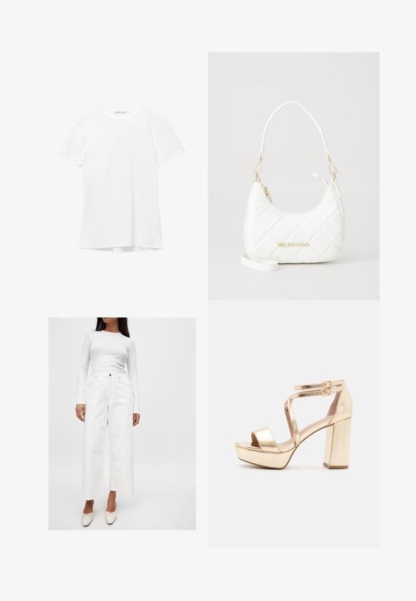 Hvid kortærmet t-shirt lavet af glat stof, med rund halsudskæring og diskrete syninger ved kanten.; Hvid langærmet bluse med ribbet tekstur, parret med højtaljede hvide vide jeans med forlommer og detaljer i sølvhardware.; Guld metalisk platform sandaler med en chunky blokhælk, åben tå og krydsede ankelstropper med spænde detaljer. Glat tekstur.; Hvid quiltet håndtaske lavet af syntetisk materiale, med en buet silhuet, hardware i guldfarve og en justerbar rem.; Guldtonede ringe med glatte, afrundede former, der væver sig ind i hinanden. Højpoleret finish med en reflekterende overflade, der fremhæver et sammenhængende design.