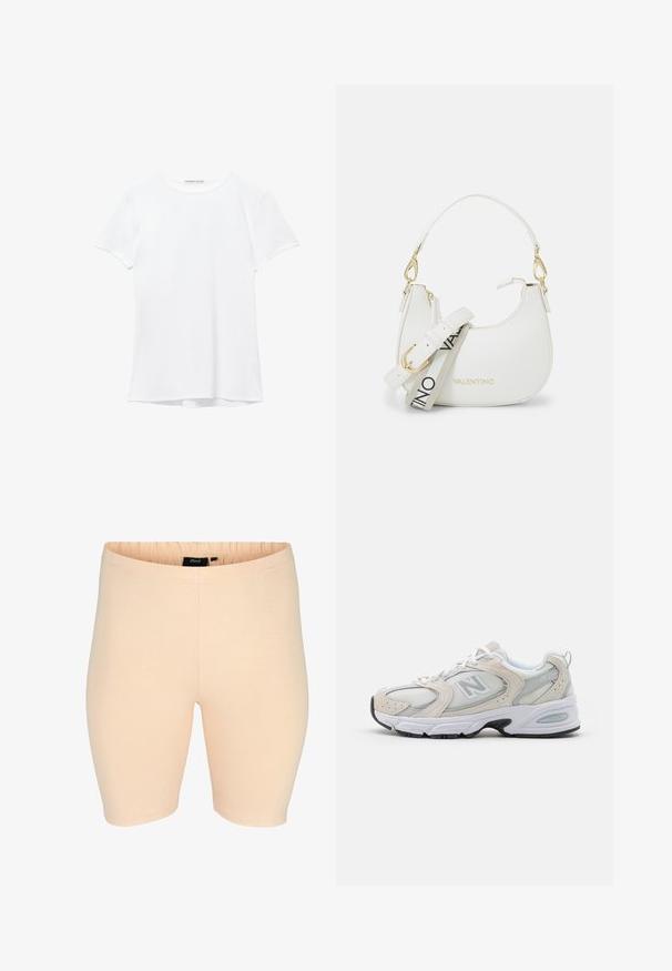 Bijela majica kratkih rukava izrađena od glatkog materijala, s okruglim izrezom i suptilnim detaljima šivanja na rubu.; Bež kratke hlače s elastikom u struku; glatka tekstura i prilagođen dizajn. Nema vidljivih uzoraka ili metalnih detalja.; Atletska obuća s gornjim dijelom od svijetlosivog mrežastog materijala s nijansama antilopa, bijelim vezicama i crnom gumenom potplatom. Značajna ABZORB amortizacija.; Bijela torba s zakrivljenim siluetom, teksturirana koža, zlatni hardver i izmjenjiva traka s detaljima logotipa i kopčom.