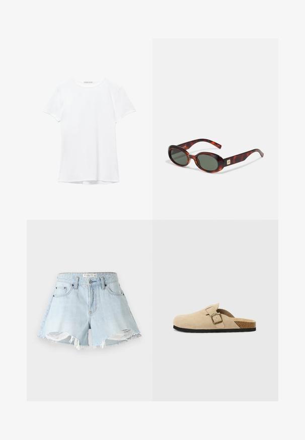 T-shirt blanc à manches courtes en tissu lisse, avec un col rond et de subtils détails de couture à l'ourlet.; Shorts en denim bleu clair avec ourlet effiloché, bords déchirés et design classique à cinq poches. Dotés d'une fermeture avec bouton en métal et zip.; Sabots en suède beige à enfiler, avec une semelle en liège, un bout arrondi et une bride simple dotée d'une boucle dorée. Semelle en caoutchouc pour une meilleure adhérence.; Lunettes de soleil en écaille de tortue avec verres foncés, en forme ovale et avec des branches larges. Présente un petit accent doré sur le côté. Matériau en plastique lisse.; Sac à main blanc avec une silhouette courbée, en cuir texturé, matériel doré et une bandoulière amovible avec un logo et un détail de boucle.