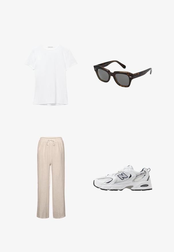 Bílý krátký rukáv tričko vyrobené z hladkého materiálu, s kulatým výstřihem a jemnými švy na lemu.; Lněné kalhoty v světle béžové barvě s elastickým páskem a tkaničkou, s volným střihem a rovnou nohavicí.; Bílé sportovní boty s textilním svrškem, námořnickými akcenty a polstrovanou podrážkou. Obsahují logo "N", tkaničky a texturovaný detail na boku.; Obdélníkové sluneční brýle s rámem z želvovinového plastu, tmavými skly a stříbrnými akcenty po stranách. Vyrobeno v Itálii.