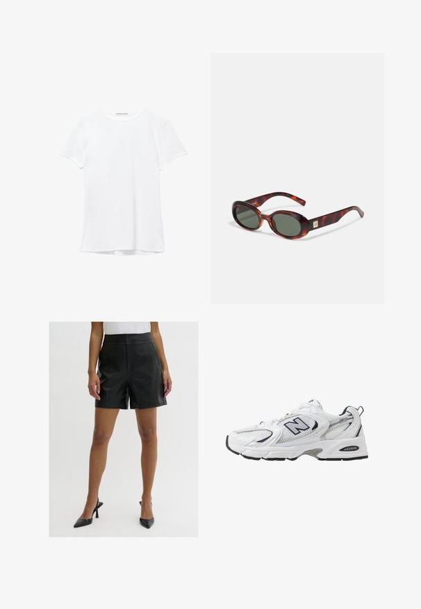 T-shirt bianco a maniche corte realizzato in tessuto liscio, caratterizzato da un colletto rotondo e dettagli di cucitura discreti all'orlo.; Pantaloni corti in pelle nera con design a vita alta, caratterizzati da una texture liscia, due tasche frontali e linee pulite e sartoriali.; Scarpa sportiva bianca con tomaia in mesh, dettagli in blu marino e suola imbottita. Presenta il logo "N", lacci e dettaglio texturizzato sul lato.; Occhiali da sole a tartaruga con lenti scure, forma ovale e aste larghe. Presentano un piccolo accento dorato sul lato. Materiale in plastica liscia.