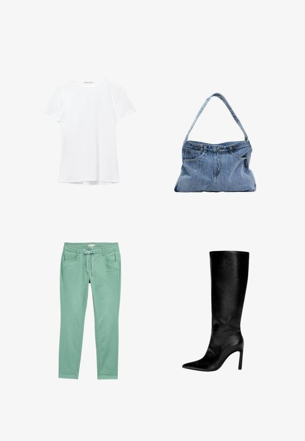 Weißes T-Shirt mit kurzen Ärmeln aus glatter Stoffqualität, mit rundem Ausschnitt und dezenten Nähten am Saum.; Mintgrüne Hose aus weichem Stoff, mit einem Kordelzugbund, zwei frontalen Taschen und dezenten Nahtdetails an den Seiten.; Knöchelhoher schwarzer Lederstiefel mit spitzem Zeh, hohem Stöckelabsatz, glatter Oberfläche und einem einfachen, eleganten Design ohne Verzierungen.; Denim Schultertasche mit einem gebogenen Tragegurt, zwei Vordertaschen und einem geknöpften Oberteil, ausgestattet mit hellblauem Stoff und kontrastierenden Steppnähten.