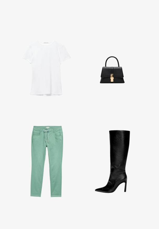 Vit kortärmad t-shirt i mjukt tyg, med rund halsringning och diskreta sömnadsdetaljer vid fållen.; Mintgrön byxor i mjukt tyg, med dragsko i midjan, två framfickor och subtila sömdetaljer längs sidsömmarna.; Knähöga svarta läderstövel med spetsig tå, hög stilettklack, slät yta och en enkel, strömlinjeformad design utan utsmyckningar.; Svart strukturerad handväska med en slät yta, ett enda handtag upptill och en detalj med guldfärgad lås framtill. Minimalistisk design.