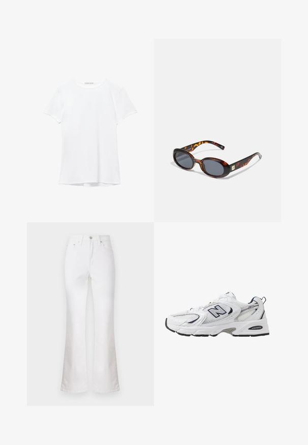 Bela kratka majica s kratkimi rokavi iz gladkega materiala, ki ima okroglo ovratnico in subtilne šive na robu.; Bele kavbojke z razširjenimi hlačnicami in visokim pasom, z sprednjimi žepi in zadrgo. Gladka tekstura in čist, minimalističen dizajn.; Bele športne copate z mrežasto zgornjimi deli, mornarskimi naglasnimi barvami in oblazinjeno podplatom. Vključujejo logotip "N", vezalke in teksturirane detajle na strani.; Rjave torbice za sonce s ovalnimi lečami in temno sivo subtančno. Opremljene z zlatim dekorativnim detajlom na templjih. Gladek plastičen tekstura.