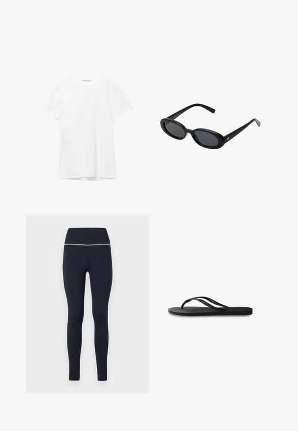 Fehér, rövid ujjú póló sima anyagból, kerek nyakkivágással és diszkrét varrási részletekkel az alján.; Sötétkék, testre simuló leggings, rugalmas anyagból készült, széles derékpánttal, amelyen fényvisszaverő szegély található a jobb láthatóság érdekében.; Fekete papucs texturált gumitalppal, két vékony pánttal és finom, domború logóval a pánton.; Fekete, oversize napszemüveg ovális lencsékkel, sima műanyag kerettel és arany részletekkel a fülpánton. Sötét lencséi védelmet nyújtanak a napfény ellen.