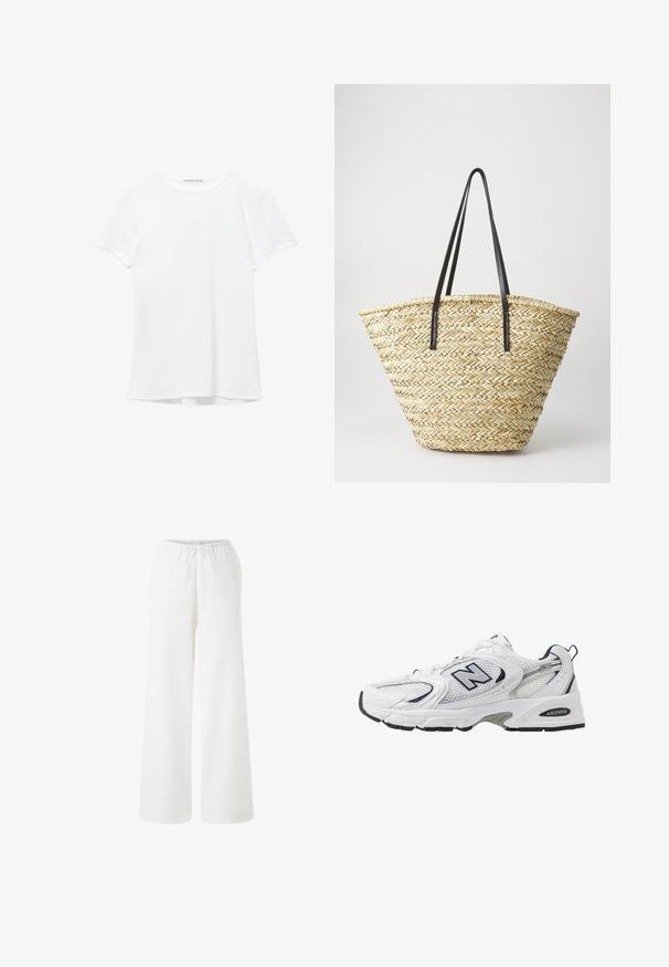 T-shirt blanc à manches courtes en tissu lisse, avec un col rond et de subtils détails de couture à l'ourlet.; Pantalons larges blancs en tissu léger avec une taille élastique et un cordon de serrage. Texture lisse, sans motifs ni accents visibles.; B baskets blanches avec une tige en mesh, des accents bleu marine et une semelle rembourrée. Présente le logo "N", des lacets et un détail texturé sur le côté.; Sac en osier tissé avec une forme large et effilée, doté de deux poignées en cuir noir. Couleur beige naturel avec une surface texturée.