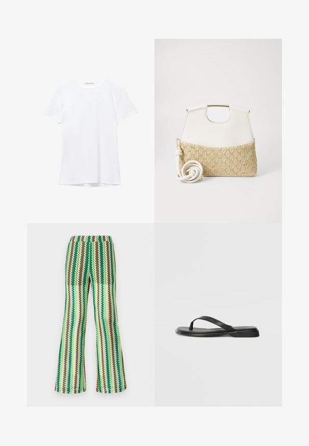 Witte short-sleeve t-shirt van gladde stof, met een ronde halslijn en subtiele stiksels bij de zoom.; Gebreide flared broek met een zigzagpatroon in tinten groen, bruin en crème; rekbare tailleband; gestructureerd oppervlak.; Zwarte teenflip-flop van glad leer, met een dunne band en een platte zool met een minimalistisch profiel. Geen opvallende patronen of accenten.; Witte leren handtas met een doorgetrokken creme geweven stof aan de onderkant. Voorzien van een gouden handvat en een opgerolde witte schouderband voor veelzijdigheid.