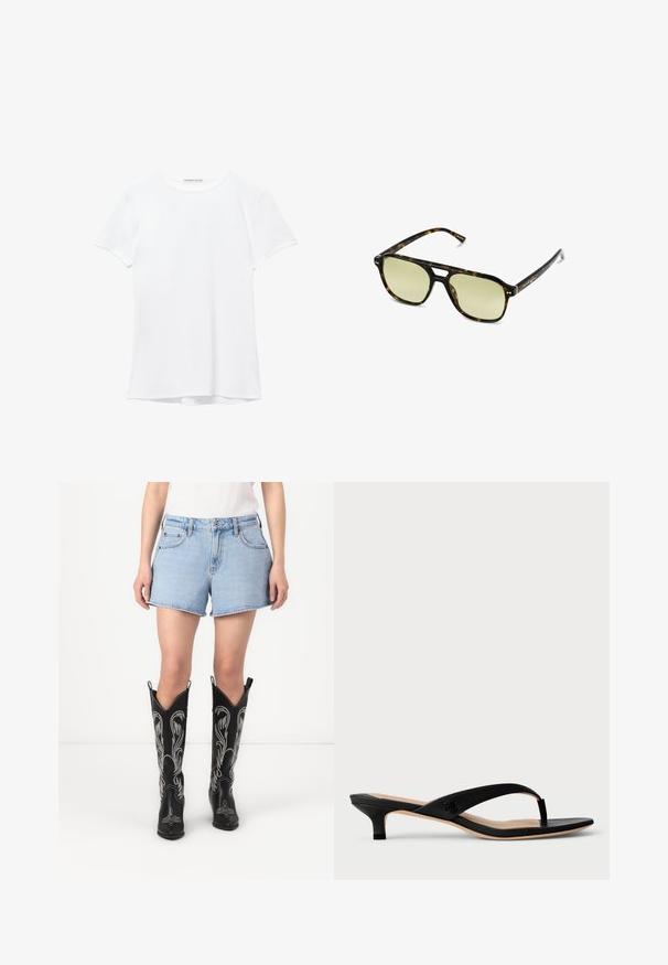 Valkoinen lyhythihainen t-paita, joka on valmistettu sileästä kankaasta, ja jossa on pyöreä pääntie sekä hillityt ompelutiedot helmassa.; Siniset farkkushortsit klassisella leikkauksella, yhdistettyinä mustiin nahkakaupunkikenkäbootseihin, joissa on valkoisia brodeerattuja kuvioita ja kärjet.; Mustat tekonahkaiset korkokengät, joissa on ohut hihna, avonaiset varpaat ja pieni palikkakorko. Hihnassa on logo-aksentti.; Aurinkolasit kilpikonnakuosisella kehysrakenteella, joissa on suorakulmainen muoto, vihertävät linssit ja kuvioitu asetaattikehys. Kehyksissä on metalliset yksityiskohdat linssien lähellä.