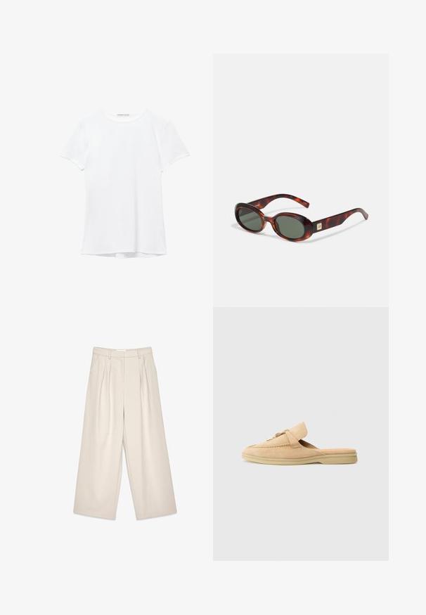 T-shirt bianco a maniche corte realizzato in tessuto liscio, caratterizzato da un colletto rotondo e dettagli di cucitura discreti all'orlo.; Pantaloni beige a gamba larga con pieghe, caratterizzati da una texture liscia e passanti per cintura. Taglio sartoriale, che offre una vestibilità ampia attorno alle gambe.; Scarpa slip-on in suede beige con punta arrotondata, cuciture decorative e un accento in hardware dorato. Suola piatta e rivestimento interno morbido.; Occhiali da sole a tartaruga con lenti scure, forma ovale e aste larghe. Presentano un piccolo accento dorato sul lato. Materiale in plastica liscia.