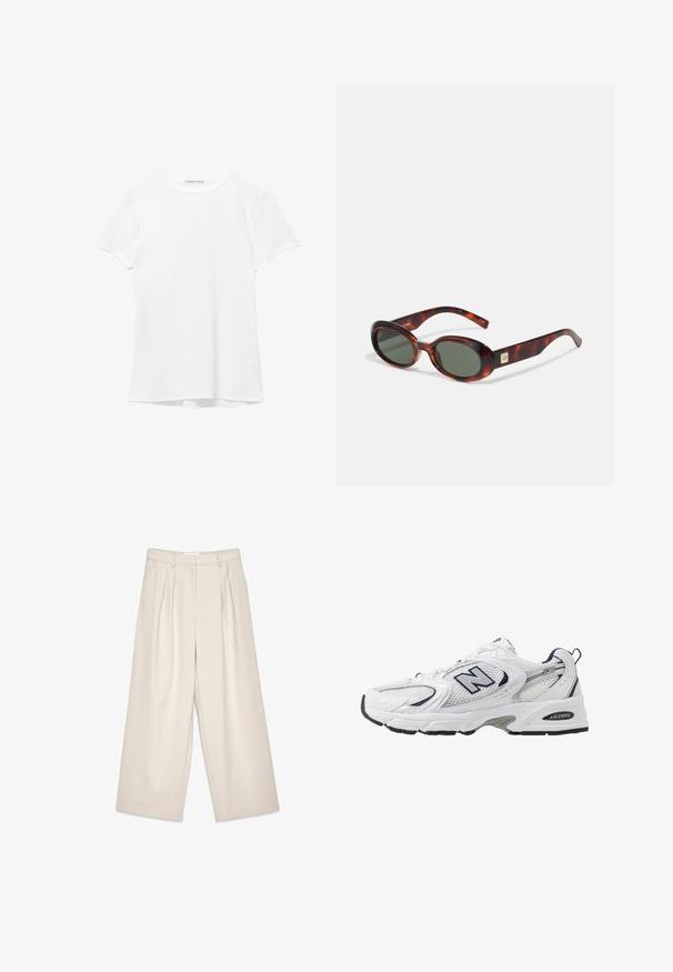 Hvid kortærmet t-shirt lavet af glat stof, med rund halsudskæring og diskrete syninger ved kanten.; Beige vidde bukser med folder, med en glat tekstur og bæltestropper. Skræddersyet snit, der giver en løs pasform omkring benene.; Hvide sportsko med netoverdel, marineblå detaljer og polstret sål. Har "N" logo, snørebånd og struktureret detalje på siden.; Skildpaddemønstrede solbriller med mørke linser, oval form og brede stænger. Har en lille gylden detalje på siden. Glat plastmateriale.; Hvid håndtaske med en buet silhuet, tekstureret læder, gyldent hardware og en aftagelig strop med et logo og spænde detaljer.