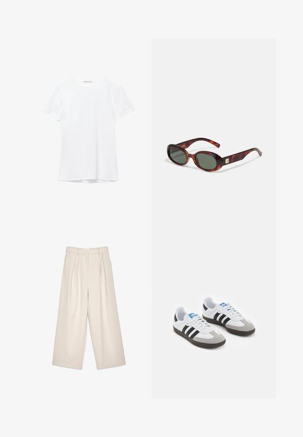 T-shirt bianco a maniche corte realizzato in tessuto liscio, caratterizzato da un colletto rotondo e dettagli di cucitura discreti all'orlo.; Pantaloni beige a gamba larga con pieghe, caratterizzati da una texture liscia e passanti per cintura. Taglio sartoriale, che offre una vestibilità ampia attorno alle gambe.; Scarpe sportive con tomaia in pelle bianca, punta in suede grigia e tre strisce nere. Presentano un logo blu sulla linguetta e una suola in gomma testurizzata.; Occhiali da sole a tartaruga con lenti scure, forma ovale e aste larghe. Presentano un piccolo accento dorato sul lato. Materiale in plastica liscia.; Borsa bianca con silhouette curva, in pelle texturizzata, con hardware dorato e una tracolla removibile con dettagli di logo e fibbia.