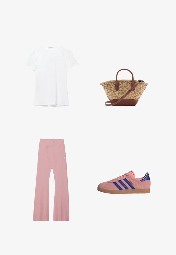 Hvid kortærmet t-shirt lavet af glat stof, med rund halsudskæring og diskrete syninger ved kanten.; Lys pink ribbede leggings med en bred talje, der har et krydsdesign og forstærkede sømme langs benene for holdbarhed.; Lyserøde ruskinds sneakers med blå læderdetaljer, tre blå striber og gummigummi-sål. Designet med rund tå og snørebånd foran.; Vævet stråkurv med brune læderdetaljer, to håndtag og en aftagelig rem. Buet form med en robust bund.