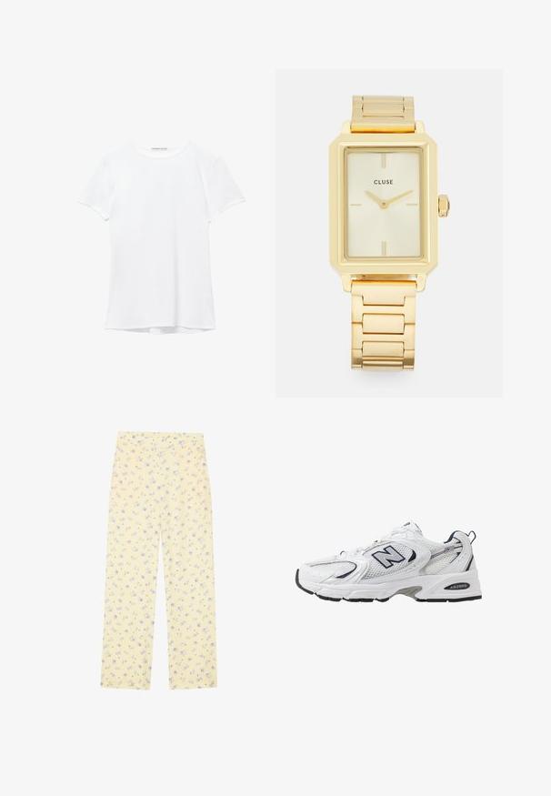 Weißes T-Shirt mit kurzen Ärmeln aus glatter Stoffqualität, mit rundem Ausschnitt und dezenten Nähten am Saum.; Helle gelbe weite Hosen mit einem floralen Muster in Blau. Elastischer Bund, weiche Textur und gerader Schnitt, der für Komfort sorgt.; Weißer Sportschuh mit Mesh-Obermaterial, navyblauen Akzenten und gepolsterter Sohle. Verfügt über das "N"-Logo, Schnürsenkel und eine strukturierte Detailverarbeitung an der Seite.; Goldfarbene rechteckige Armbanduhr mit minimalistischem Design, ausgestattet mit einem cremfarbenen Zifferblatt, goldenen Zeigern und einem Gliederarmband aus Metall. Die Markierungen umfassen den Markennamen.