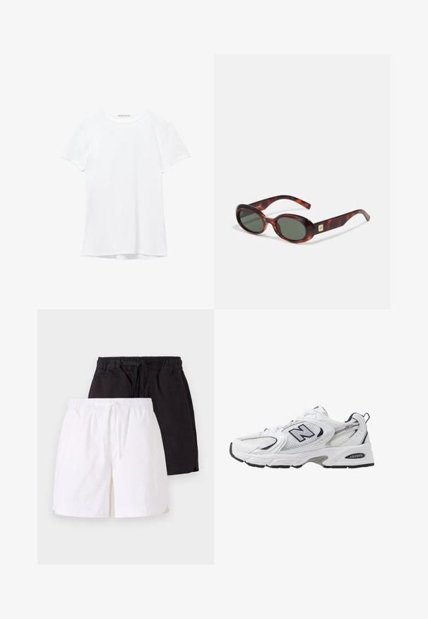 Biela tričká s krátkym rukávom vyrobené z hladkej tkaniny, s okrúhlym výstrihom a jemnými švami na leme.; Dvoje šortiek: jedny biele a jedny čierne, obidvoje s voľným strihom, elastickým pásom a sťahovacou šnúrkou. Materiál je bavlna, jednoduchý dizajn.; Biele športové topánky s priedušným vrchným materiálom, námorníckymi akcentmi a polstrovanou podrážkou. Obsahujú logo "N", šnúrky a textúrovaný detail na boku.; Okuliare s korytnačími škrupinami s tmavými sklami, oválnym tvarom a širokými ramenami. Majú malý zlatý akcent na boku. Hladký plastový materiál.