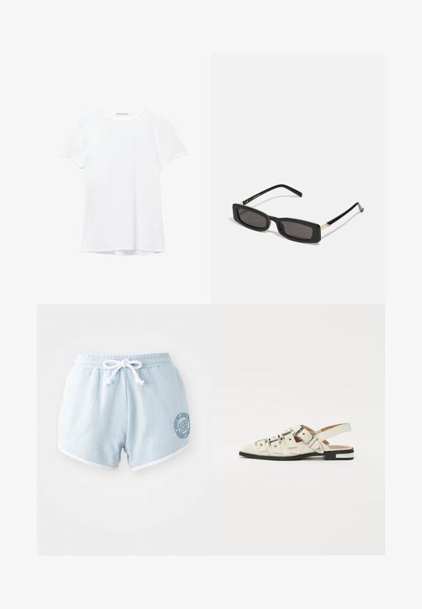 Cămașă albă cu mânecă scurtă dintr-un material neted, cu guler rotund și detalii discrete de cusătură la tiv.; Shorts de culoare bleu deschis, fabricate dintr-un material moale, cu un cordon alb, având margini albe și o emblema circulară pe partea laterală.; Sandale slingback din piele albă cu multiple curele late și catarame argintii; talpă plată cu un mic toc negru și accente metalice.; Ochelari de soare rectangulari negri cu lentile întunecate, rame din plastic lucios și accente aurii pe tample. Design minimalist și formă elegantă.; Poșetă de mână țesută, de culoare galbenă, cu un design cu clapetă, curea detașabilă pentru încheietura mâinii și un accent din lanț auriu. Textură netedă și formă rectangulară.; Cercei cercuri din aur cu un finisaj neted și strălucitor. Design circular cu un mic suport și un spate transparent pentru o purtare sigură.