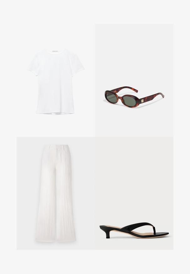 Valkoinen lyhythihainen t-paita, joka on valmistettu sileästä kankaasta, ja jossa on pyöreä pääntie sekä hillityt ompelutiedot helmassa.; Valkoiset leveälahkeiset housut, joissa on teksturoitu kangas, kaksi sivupokka ja korkea vyötärömuotoilu. Suora leikkaus ja sileä helma.; Mustat tekonahkaiset korkokengät, joissa on ohut hihna, avonaiset varpaat ja pieni palikkakorko. Hihnassa on logo-aksentti.; Kilpikonnakuoriset aurinkolasit, joissa on tummat linssit, soikea muoto ja leveät sankat. Sivussa on pieni kultainen yksityiskohta. Sujuva muovimateriaali.