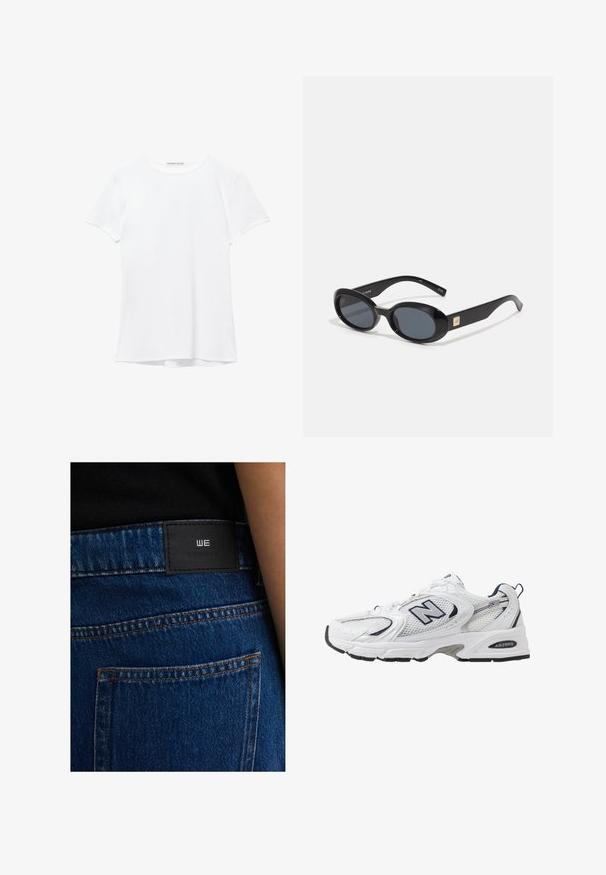Bela kratka majica s kratkimi rokavi iz gladkega materiala, ki ima okroglo ovratnico in subtilne šive na robu.; Modre traperice z črnim usnjenim označevalnikom z vtisnjenim logotipom. Šivi v oranžni barvi, ki prikazujejo klasičen dizajn s petimi žepi.; Bele športne copate z mrežasto zgornjimi deli, mornarskimi naglasnimi barvami in oblazinjeno podplatom. Vključujejo logotip "N", vezalke in teksturirane detajle na strani.; Črne ovalne sončna očala s temnimi lečami, sijajnim plastičnim ohišjem, širokimi ročaji in majhnim zlatim naglavkom na eni strani.; Bela torbica z ukrivljeno silhueto, teksturirana usnjena površina, zlatni dodatki in odstranljiv trak z logotipom in podrobnostmi na sponki.