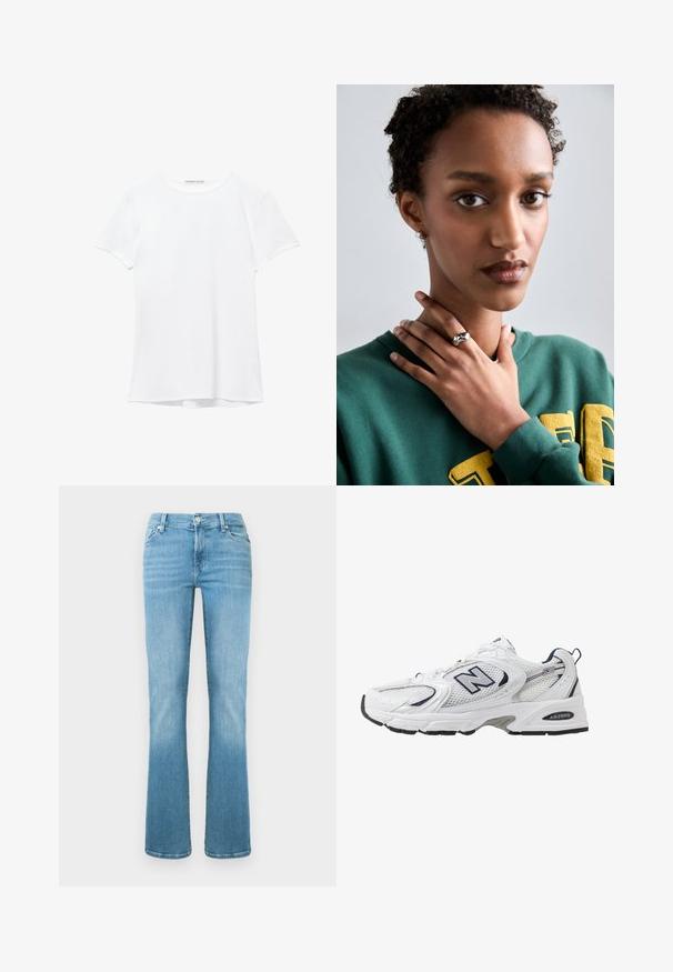 T-shirt blanc à manches courtes en tissu lisse, avec un col rond et de subtils détails de couture à l'ourlet.; Jean en denim bleu clair avec un design à jambes évasées, poches avant et fermeture à boutons, présentant un effet délavé pour la texture.; B baskets blanches avec une tige en mesh, des accents bleu marine et une semelle rembourrée. Présente le logo "N", des lacets et un détail texturé sur le côté.; Bague en argent avec un design lisse et courbé, mettant en avant un accent en forme d'étoile. Modèle portant un sweat-shirt vert avec des lettres jaunes, les mains près du cou.