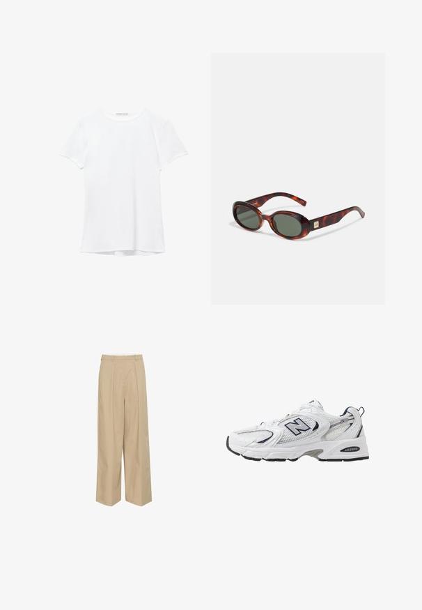 Biały krótki rękaw t-shirt wykonany z gładkiego materiału, z okrągłym dekoltem i subtelnymi detalami szycia na dole.; Beżowe spodnie o szerokich nogawkach z zakładkami z przodu, z paskiem wloopowanym w talii oraz gładką, lekką fakturą materiału.; Białe sportowe buty z siateczkową cholewką, granatowymi akcentami i wyściełaną podeszwą. Posiadają logo "N", sznurówki oraz teksturowany detal po boku.; Okulary przeciwsłoneczne w kolorze skorupy żółwia z ciemnymi soczewkami, o owalnym kształcie i szerokich zausznikach. Zawierają mały złoty akcent po bokach. Wykonane z gładkiego tworzywa sztucznego.