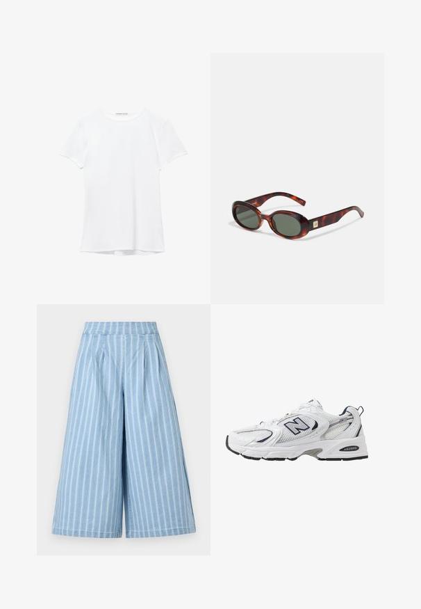 Biały krótki rękaw t-shirt wykonany z gładkiego materiału, z okrągłym dekoltem i subtelnymi detalami szycia na dole.; Jasnoniebieskie spodnie szerokie w nogawkach z białymi pionowymi paskami, z plisowanym przodem i elastycznym pasem. Miękka struktura denimu.; Białe sportowe buty z siateczkową cholewką, granatowymi akcentami i wyściełaną podeszwą. Posiadają logo "N", sznurówki oraz teksturowany detal po boku.; Okulary przeciwsłoneczne w kolorze skorupy żółwia z ciemnymi soczewkami, o owalnym kształcie i szerokich zausznikach. Zawierają mały złoty akcent po bokach. Wykonane z gładkiego tworzywa sztucznego.