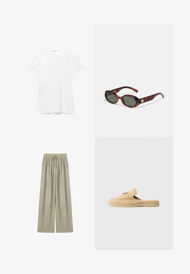 Bílý krátký rukáv tričko vyrobené z hladkého materiálu, s kulatým výstřihem a jemnými švy na lemu.; Světle šedé kalhoty s širokými nohavicemi, elastickým pasem, stahovací šňůrkou a bočními kapsami. Texturovaná tkanina s jemnými vertikálními pruhy.; Béžová semišová nazouvací bota s kulatou špičkou, dekorativním prošíváním a akcentem zlatého kovu. Plná podešev a měkké vnitřní podšívání.; Sluneční brýle ve stylu želvoviny s tmavými skly, oválným tvarem a širokými obrubami. Na boční straně je malý zlatý akcent. Hladký plastový materiál.
