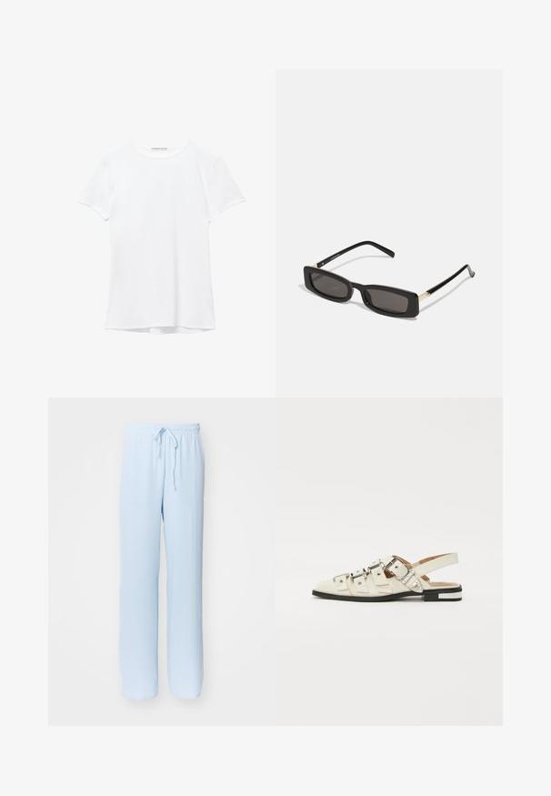 Biela tričká s krátkym rukávom vyrobené z hladkej tkaniny, s okrúhlym výstrihom a jemnými švami na leme.; Svetlomodré, voľné nohavice s elastickým pásom a nastaviteľnou šnúrkou; vyrobené z jemnej, priedušnej látky s hladkou textúrou.; Sandalové topánky so zapínaním vzadu z bielej kože s viacerými širokými popruhmi a striebornými prackami; plochá podrážka s malým čiernym podpätkom a metalickými akcentmi.; Čierne obdĺžnikové slnečné okuliare s tmavými šošovkami, lesklými plastovými rámami a zlatými akcentmi na spánkoch. Minimalistický dizajn a štíhly tvar.; Žltý tkaný clutch peňaženka s preklápacím dizajnom, odnímateľným zápästným remienkom a zlatým reťazovým doplnkom. Hladký povrch a obdĺžnikový tvar.; Zlaté kruhové náušnice s hladkým, lesklým povrchom. Cirkulárny dizajn s malým steblom a jasným záznamom pre bezpečné nosenie.