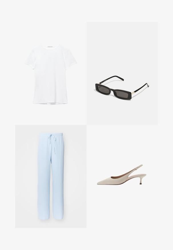 Bílý krátký rukáv tričko vyrobené z hladkého materiálu, s kulatým výstřihem a jemnými švy na lemu.; Světle modré, volné kalhoty s elastickým pasem a nastavovacími šňůrkami; vyrobené z měkké, prodyšné tkaniny, s hladkým povrchem.; Béžové lodičky na podpatku s špičatou špičkou a nízkým rozšířeným podpatkem. Vyrobené z hladké kůže s minimalistickým designem a nastavitelným páskem.; Černé obdélníkové sluneční brýle s tmavými skly, lesklými plastovými rámy a zlatými akcenty na spáncích. Minimalistický design a štíhlý tvar.