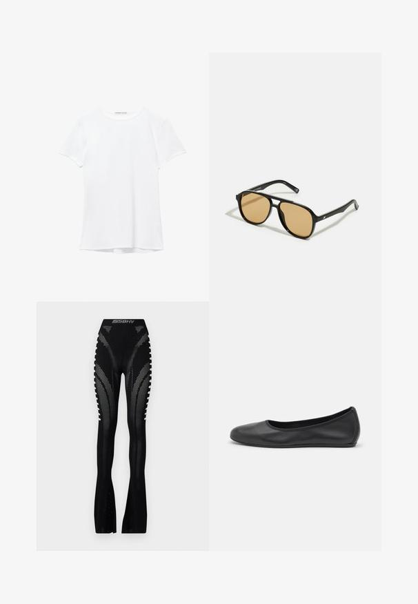 Weißes T-Shirt mit kurzen Ärmeln aus glatter Stoffqualität, mit rundem Ausschnitt und dezenten Nähten am Saum.; MISBHV BIANCA SEAMLESS TROUSERS - Stoffhose - black; Schwarze Leder-Ballettschuhe mit abgerundeter Spitze, glatter Textur, minimalen Nähdetails und einem flexiblen Sohlen-Design.; Schwarze Sonnenbrille mit braun getönten Gläsern; rechteckige Form mit einem dicken Rahmen, einschließlich subtiler Hardware-Akzente an den Bügeln.; Schwarze synthetische Schultertasche mit geschwungenem Silhouette, strukturiertem Finish, goldenem Dreiecks-Logo und abnehmbaren Hardware-Akzenten.