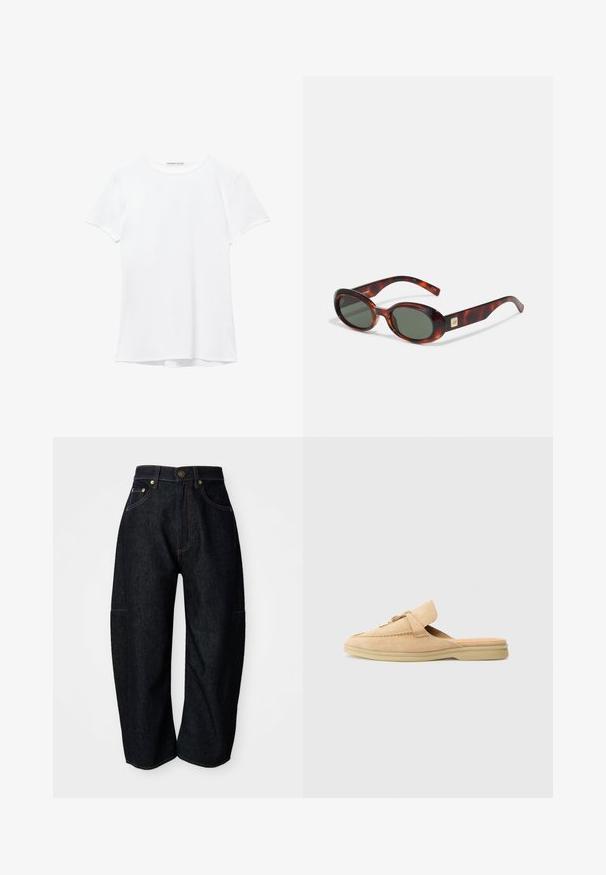 Witte short-sleeve t-shirt van gladde stof, met een ronde halslijn en subtiele stiksels bij de zoom.; Donkerdenim jeans met een relaxte pasvorm, voorzien van subtiele oranje stiksels, voorzakken en een platte tailleband met een knoopsluiting.; Beige suède instapschoen met een ronde neus, decoratieve stiksels en een gouden hardware accent. Platte zool en zachte binnenvoering.; Schildpadbril met donkere lenzen, ovale vorm en brede armen. Voorzien van een kleine gouden accent aan de zijkant. Glad plastic materiaal.; Witte handtas met een gebogen silhouet, textuurleer, gouden hardware en een afneembare schouderriem met een logo en gespdetail.