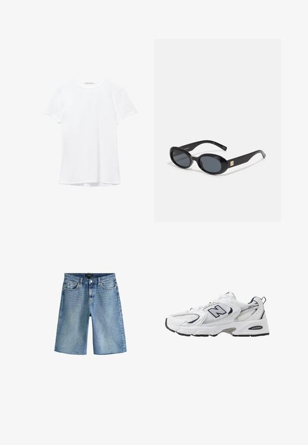 Valkoinen lyhythihainen t-paita, joka on valmistettu sileästä kankaasta, ja jossa on pyöreä pääntie sekä hillityt ompelutiedot helmassa.; Next REGULAR FIT - Farkkushortsit - dark blue; Valkoinen urheilushoe, jossa on verkkomateriaali päällä, laivastonsiniset yksityiskohdat ja pehmeä pohja. Varustettu "N"-logolla, nauhoilla ja teksturoidulla yksityiskohdalla sivussa.; Mustat ovaalit aurinkolasit tummilla linsseillä, kiiltävä muovikehys, leveät sivut ja pieni kultainen yksityiskohta toisella puolella.